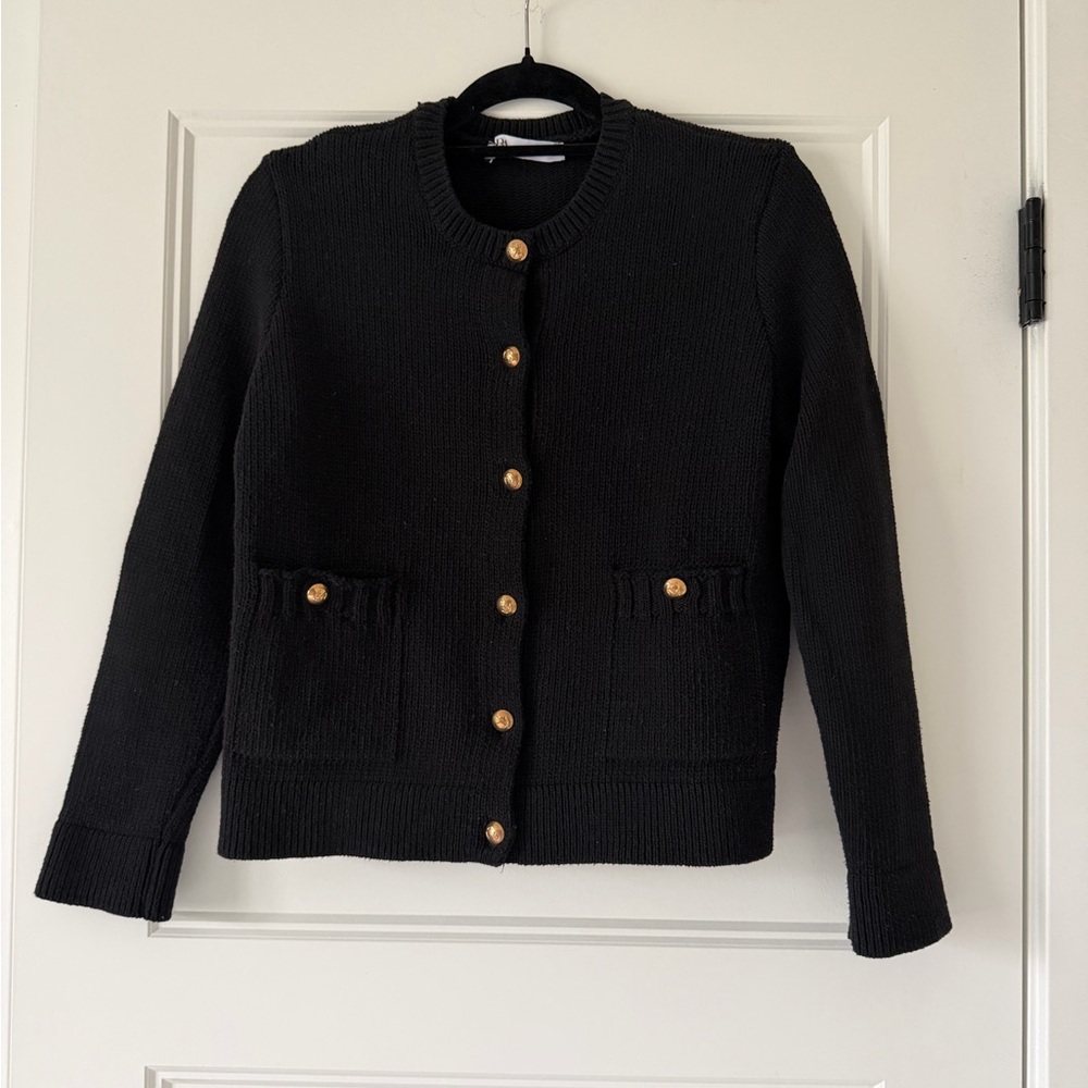 Zara Black Knit Cardigan with Gold Buttons